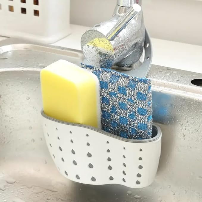 Kitchen & Bathroom Sink Caddy – Adjustable Hanging Strap Sponge and Soap Holder with Drain Holes for Drying, Plastic Faucet Organizer