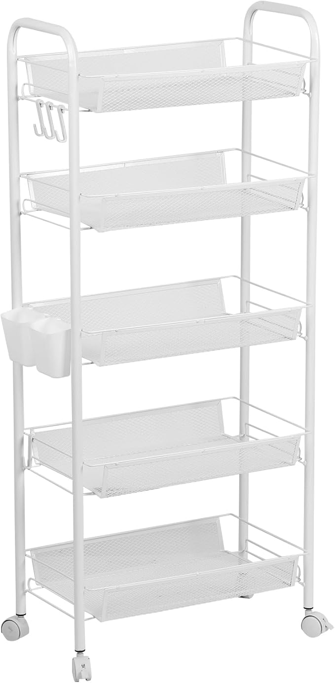 Fruit Vegetable Basket Storage Cart 5 Tier Stackable Metal Mesh Storage Basket with 360 Degree Wheels 41 Inch High Kitchen Storage Cart Snack Cart Kitchen Pantry Bathroom Cart (White)