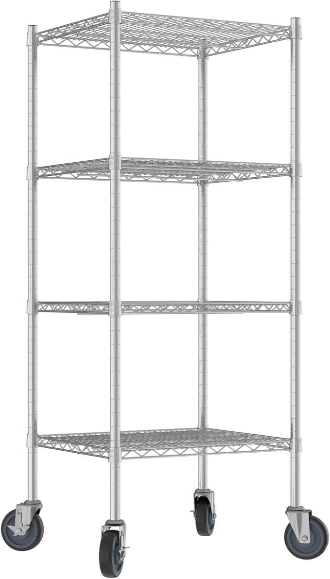 Commercial NSF Listed Chrome Mobile Wire Shelving Kit 21" x 24" x 60", with 4 Shelves Perfect for Warehouse, Walk-in Refrigerator, Freezer, Grocery Store, Restaurant, Dishroom