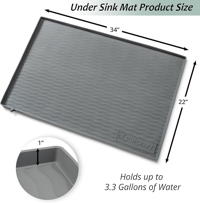 LochCraft - Heavy Duty Under Sink Mat - Thicker Design, Patented Drain, BPA Free - Under Sink Mats for Kitchen Waterproof - Ideal Under the Sink Mat Waterproof Solution - 34 x 22 Inches - (Grey)