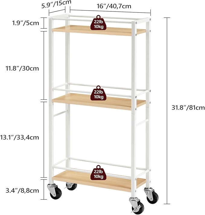 MAHANCRIS Slim Rolling Cart, Mobile Kitchen Cart on Wheels, Narrow Storage Cart for Small Space, Wooden Kitchen Storage Rack, for Bathroom, Laundry, Living Room, White RCBN1501