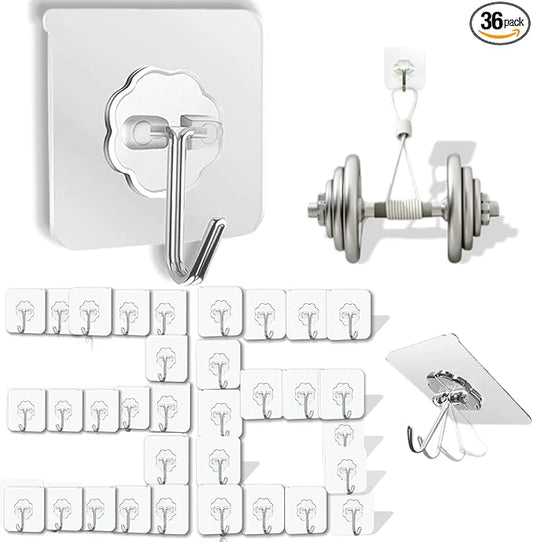 DDMY 36 Pack Heavy Duty Hooks Self Adhesive Large Hooks for Hanging,Wall Transparent Reusable Waterproof Hook for Kitchen Curtain Towel Hook for Bathrooms Coat Hook for Walls No Damage