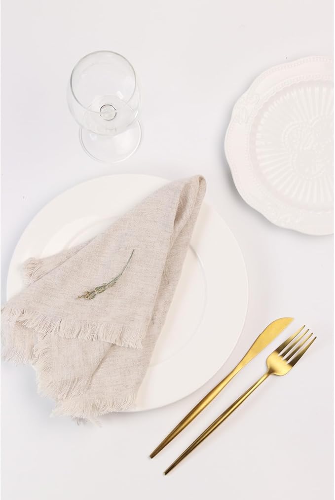 Handmade Cloth Napkins with Fringe,18 x 18 Inches Cotton Linen Napkins Set of 4 Versatile Handmade Square Rustic Fringe Napkins for Dinner, Wedding and Parties, Natural Linen