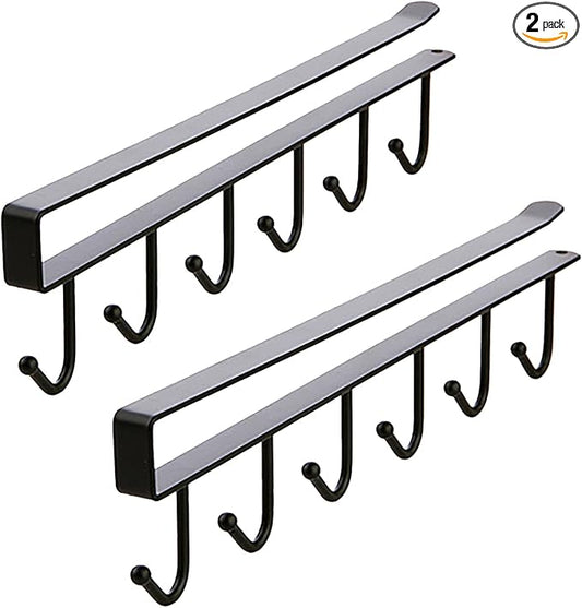 Under Cabinet Coffee Mug Holder - 6 Hooks Cups Storage Rack, Drilling Free, Kitchen Utensil Hanging Hooks Rack 2 Pack (Black 2pcs)