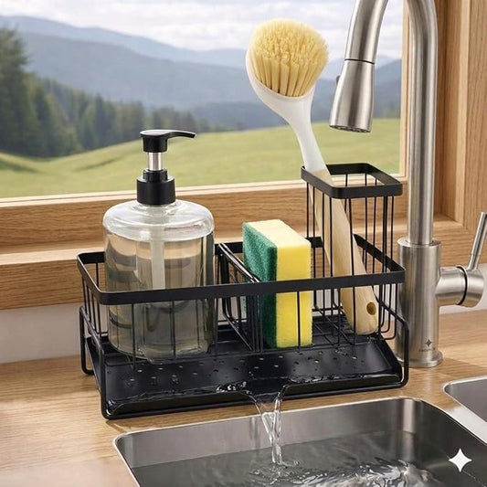 Black Sponge Holder, Kitchen Sink Caddy Organizer, Rustproof with Drip Tray for Soap Dispenser, Brushes & Sponges, Countertop Sponge Dock with Drain Pan