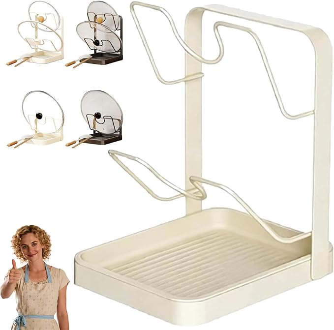 Kitchen Pot Lid Rack, Countertop Pot Lid Organizer, Pots Lids Holder Countertop (Beige double-layer)