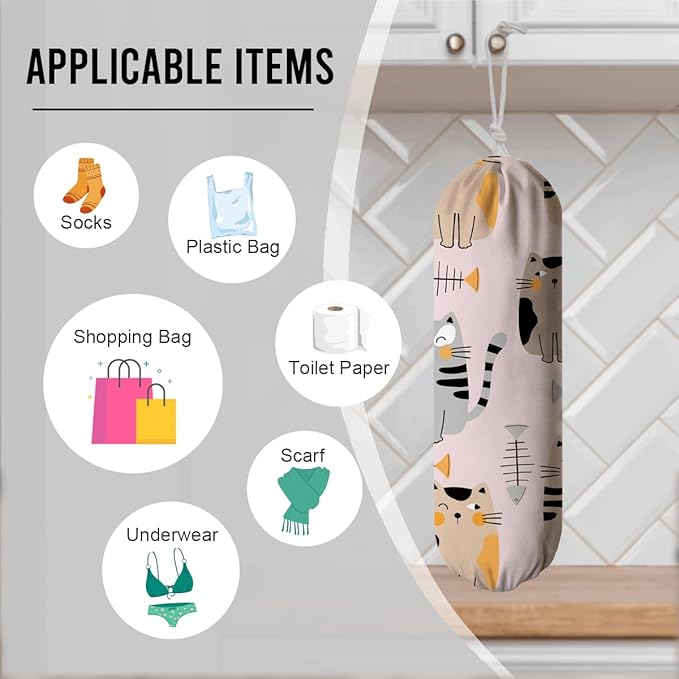 Lovely Cats Plastic Bag Holder, Reusable Washable Shopping Bags Storage Carrier, Animal Fabric Garbage Trash Bag Dispenser for Home Kitchen Pantry Cabinet, Wall Mount, Gift for Cat Mom