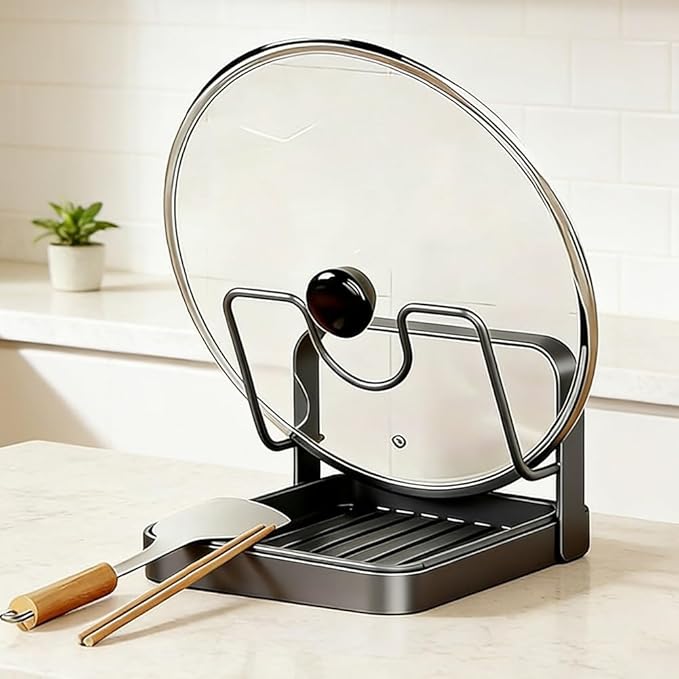 Kitchen Pot Lid Storage Rack, Lid Holder While Cooking, Countertop Organizer Rack for Counter with Removable Drip Tray, Stainless Stand with Tray Spoon Rest for Stove Top(Grey-Single layer)