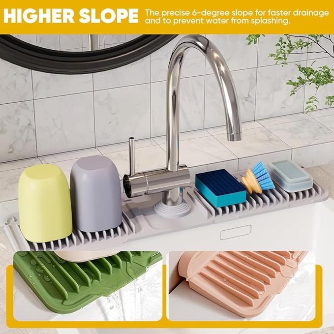 Silicone Kitchen Sink Splash Guard 2025 | Upgraded 24"x5.5" Faucet Mat with 6° Slope for Kitchen Batnroom | Anti-Slip Drip Catcher | Sink Protector Pad for Countertop Water Drain (Green)