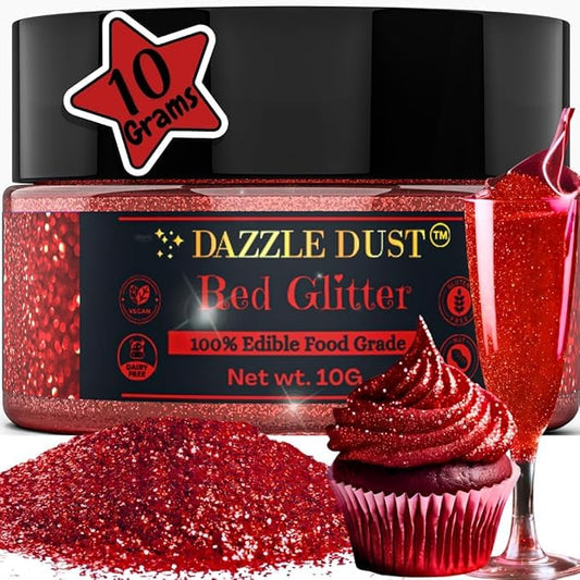 Edible Glitter Sprinkles for Cake Decorating, Drinks, Cookie, Icing, Dessert Decorations, Sparkly Luster, Food-Grade, Vegan, Gluten Free, Kosher, Bulk 10g, Red