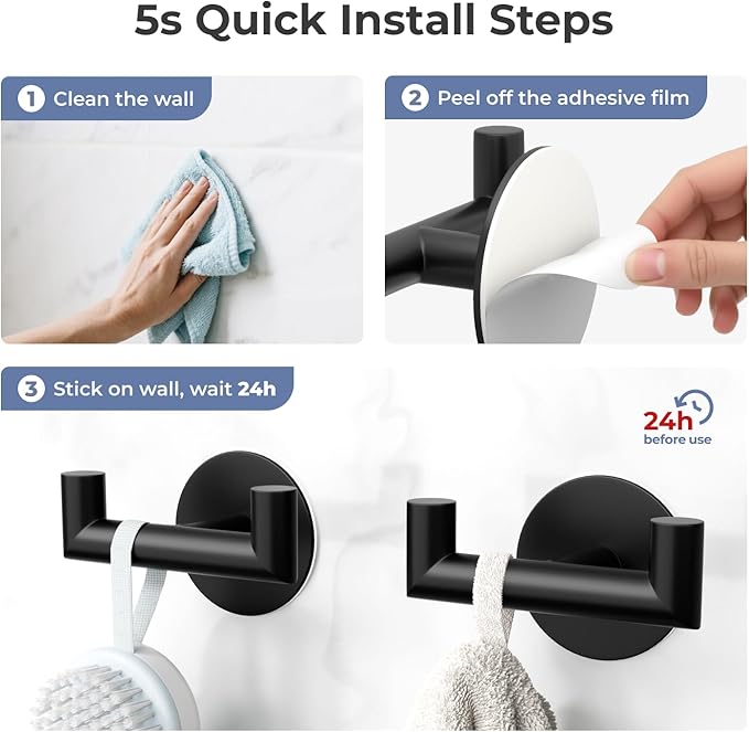 GWAAZXGZ 2 Pack Black Bathroom Hooks for Towels - Self Adhesive Double Hooks for Wall, No Drilling, Matte Finish, Strong Hold for Robes, Coats, Shower Use