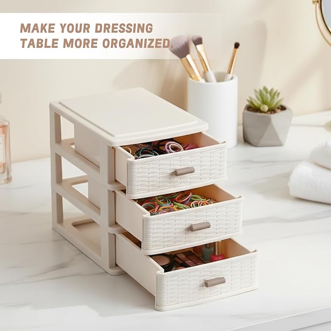 Small Storage Desk Drawer 3 Drawers Plastic Storage Mini White Plastic Weave Drawer Unit with Pull Handles Desk Organizer Small Bin Container for Office Supplies Craft Countertop Makeup Bathroom