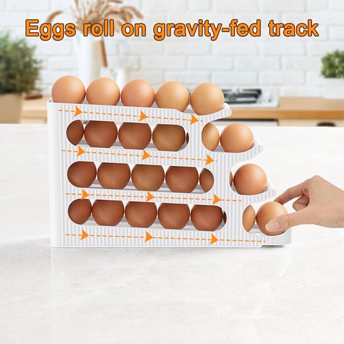 Egg Holder for Fridge, 4 Tiers Auto Rolling Egg Storage Organizer for Refrigerator, Slim Space Saving Container, Dispenser - Egg Roller for Eggs 24 Count