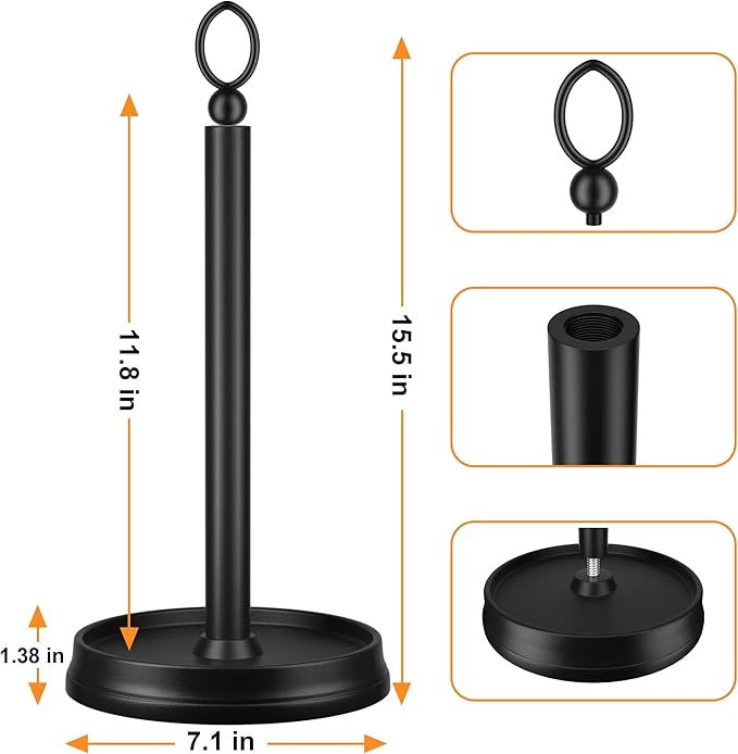Standing Paper Towel Holder, Non-Slip Paper Towel Roll Holder for Bathroom, Stainless Steel Kitchen Paper Towel Stand Countertop (Matte Black, 2 Pack)