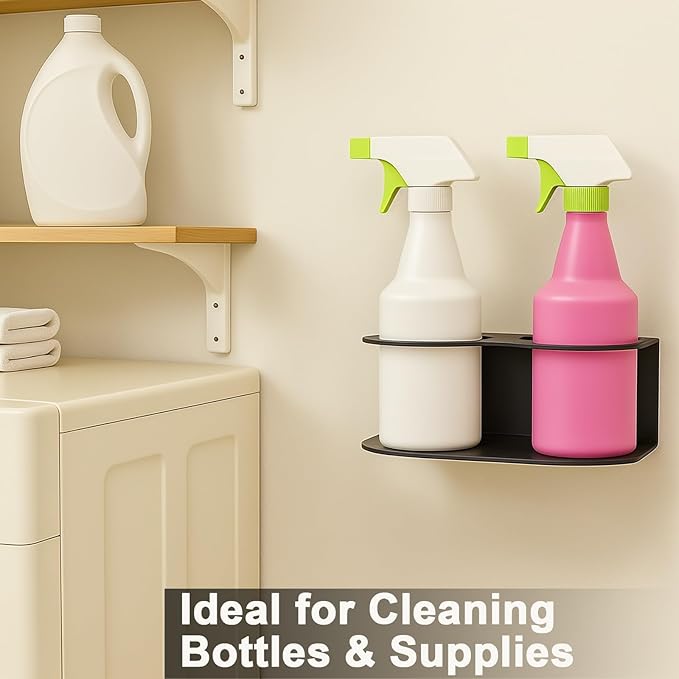 2 Pack Spray Bottle Holder Wall Mount, Heavy Duty Metal Spray Can Holder Rack Organizer with Double Holes, Multi-Purpose Bottle Storage Shelf with Hardware for Garage, Home, Workspace