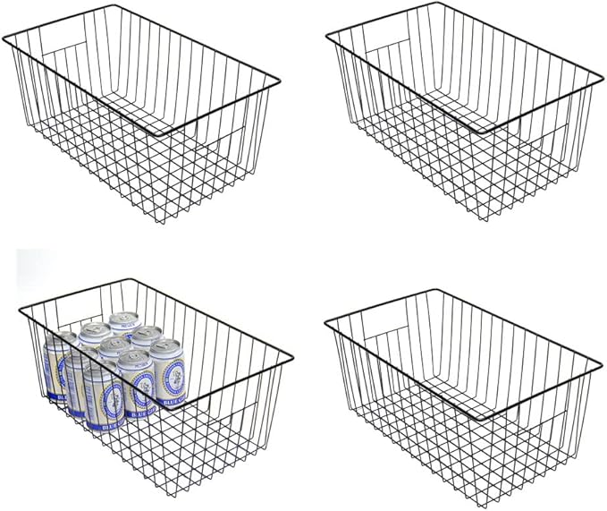 Y.Z.Bros 16inch Freezer Wire Storage Organizer Baskets, Household Refrigerator Bin with Built-in Handles for Cabinet, Pantry, Closet, Bedroom Black,4pack