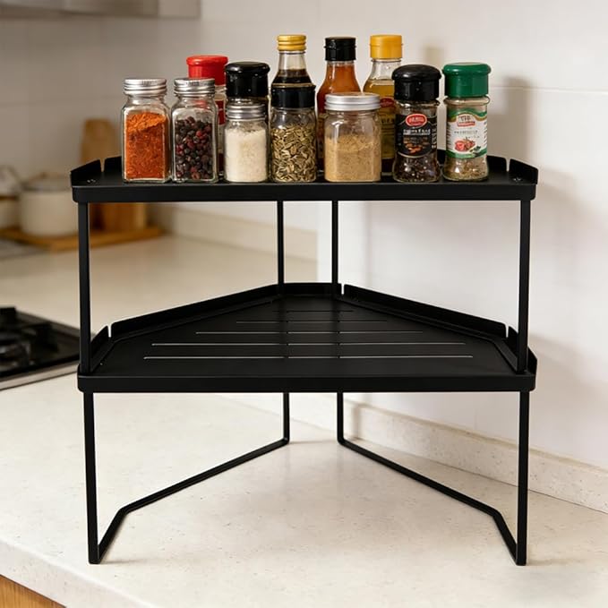 AKAZA 2-Tier Black Corner Shelf Organizer, Stackable Metal Kitchen Cabinet Shelf with Non-Slip Mat, Storage Rack for Bathroom, Countertop, Utensils & Cabinet Organization