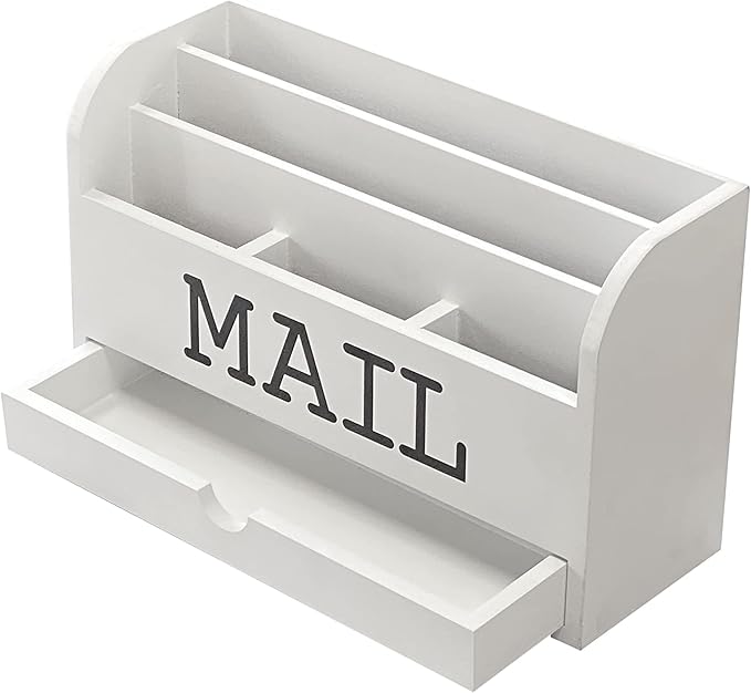 White Desk Organizer Wooden Mail Storage box for tabletop office home,5 compartments with Drawer (4x11.8x7 in)