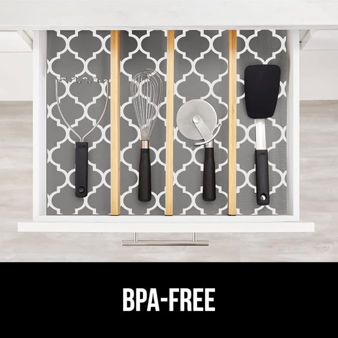 GORILLA GRIP DripGuard Shelf Liner, Non Adhesive Drawer and Kitchen Cabinet Protector, Slip Resistant BPA Free Smooth Surface Plastic Liners for Cabinets, Bathrooms, Closets, 17.5x240 Inch, White Gray