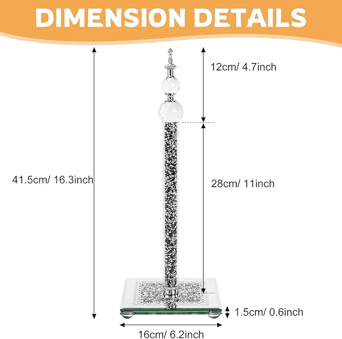 Crystal Paper Towel Holder, Bling Black Paper Towel Roll Holder, Decorative Standing Paper Towel Holder for Kitchen Countertops Bathroom, Paper Towel Dispenser with Weighted Base (Square/Black)