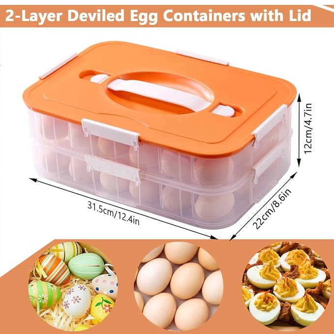2 Layer Deviled Egg Containers with Lid, 36 Slots Deviled Egg Tray Carrier with Handle and Injector Piping Tool, Fridge Stackable Portable Clear Storage Egg Platter for Party Picnic Travel (Orange)