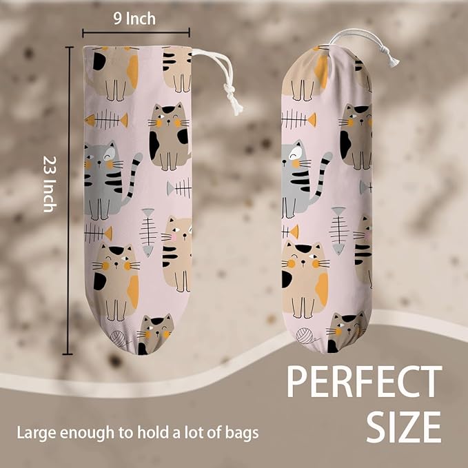 Lovely Cats Plastic Bag Holder, Reusable Washable Shopping Bags Storage Carrier, Animal Fabric Garbage Trash Bag Dispenser for Home Kitchen Pantry Cabinet, Wall Mount, Gift for Cat Mom