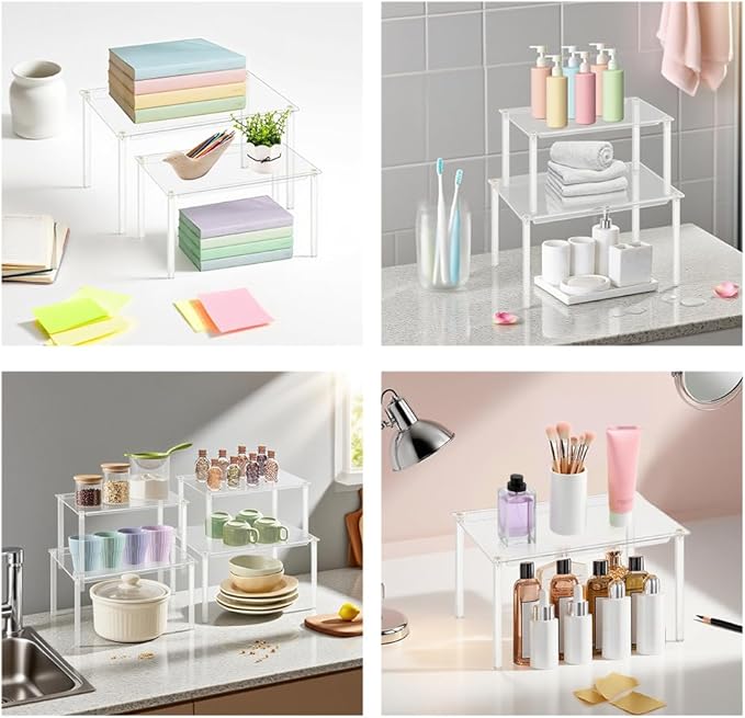4Pack Clear Cabinet Organizer,Acrylic Shelf Riser for Dish Organizer,Clear Acrylic Shelves Riser Stackable Cabinet Risers for Counter, Pantry Organization and Storage