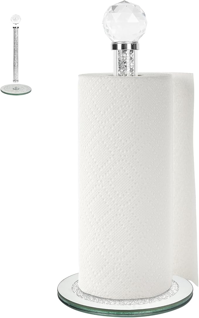 Decorative Paper Towel Holder, Silver Crystal Paper Towel Dispenser, Crushed Diamond Home Decor Toilet Roll Holder Stand with Heavy Base, Freestanding Paper Holder for Kitchen, Bathroom (Round/Silver)