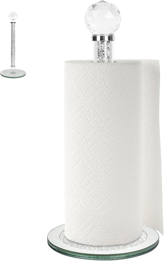 Decorative Paper Towel Holder, Silver Crystal Paper Towel Dispenser, Crushed Diamond Home Decor Toilet Roll Holder Stand with Heavy Base, Freestanding Paper Holder for Kitchen, Bathroom (Round/Silver)