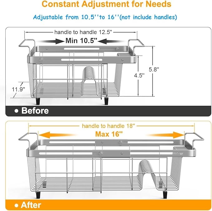 Expandable in Sink Dish Drying Rack, Adjustable Capacity (10.5''-16'') Stainless Steel Over The Sink Dish Drying Rack, Dish Drainer for Kitchen Sink Counter with Utensil Holder