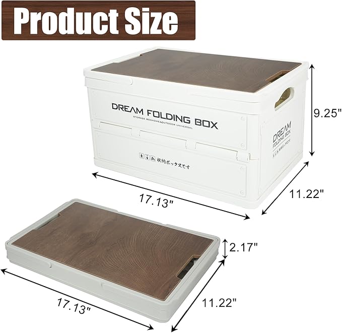 Collapsible Storage Bins with Wooden Lids, Foldable Stackable Storage Boxes with Handles, Cutting Board Top Organizer for Kitchen, Pantry, Camping, Picnic & Outdoor Use