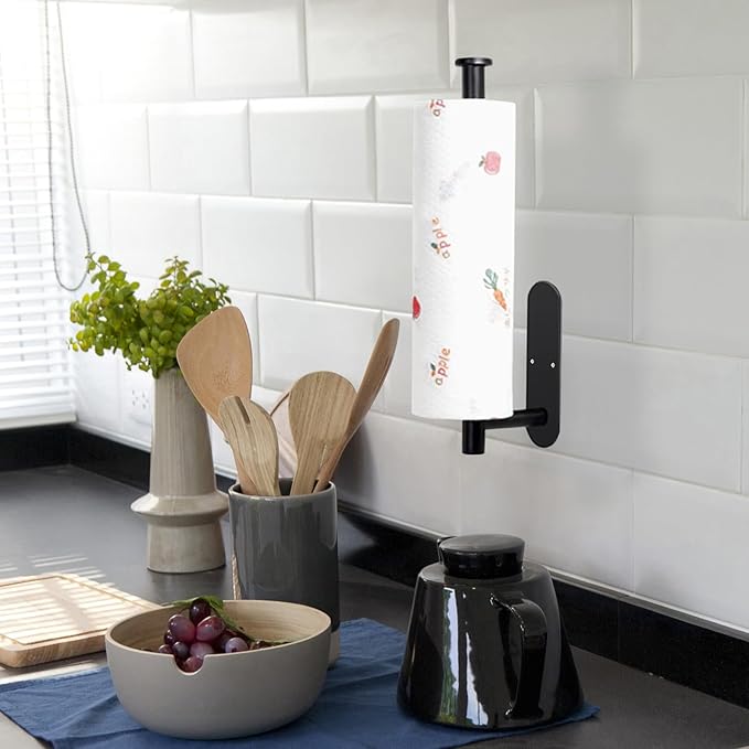 Paper Towel Holder Under Cabinet - Self Adhesive Paper Towel Roll Holder Wall Mount, Matte Black Stainless Steel Towel Paper Holder for Kitchen, Bathroom, Cabinets