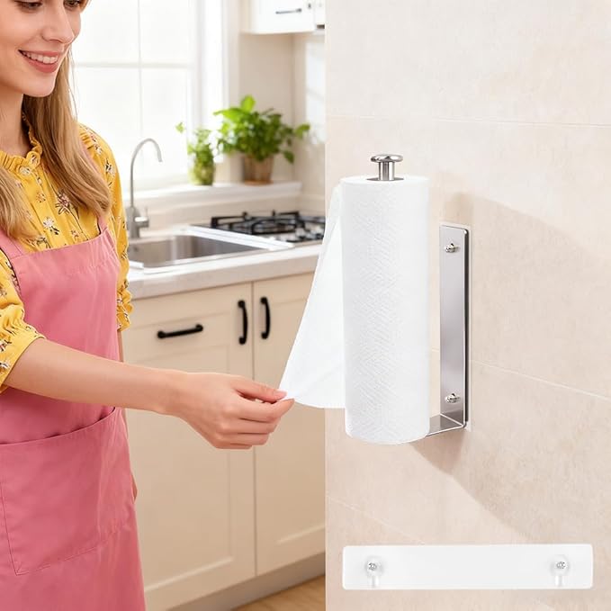 Magnetic Paper Towel Holder for Fridge, No Drill, One Hand Tear Paper Towel Holder with Ratchet Mechanism, Self-Adhesive & Wall Mount for Refrigerator, Kitchen, Garage, RV(Color:Silver)