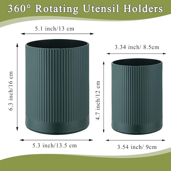 HOMQUEN 360° Rotating Utensil Holder, 6.3''+4.7'' Plastic Kitchen Utensil Holder for Countertop, Large Cooking Utensil Crocks for Kitchen Decor, Utensil Organizer for Spatula, Set of 2 (Green)