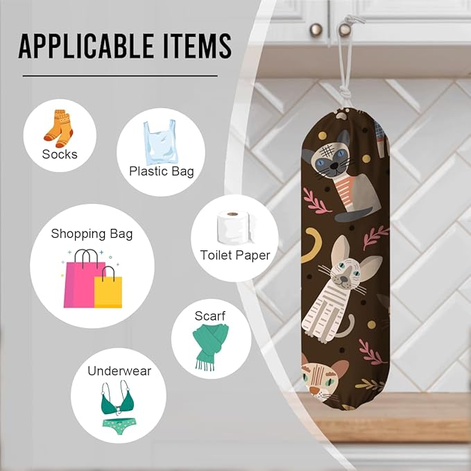 Cartoon Cat Plastic Bag Holder, Wall Mount Plastic Bags Organizer Dispenser, Grocery Bags Storage Holder for Home Kitchen Camper, Housewarming Gifts, Kitchen Pattern Garbage Bag 39