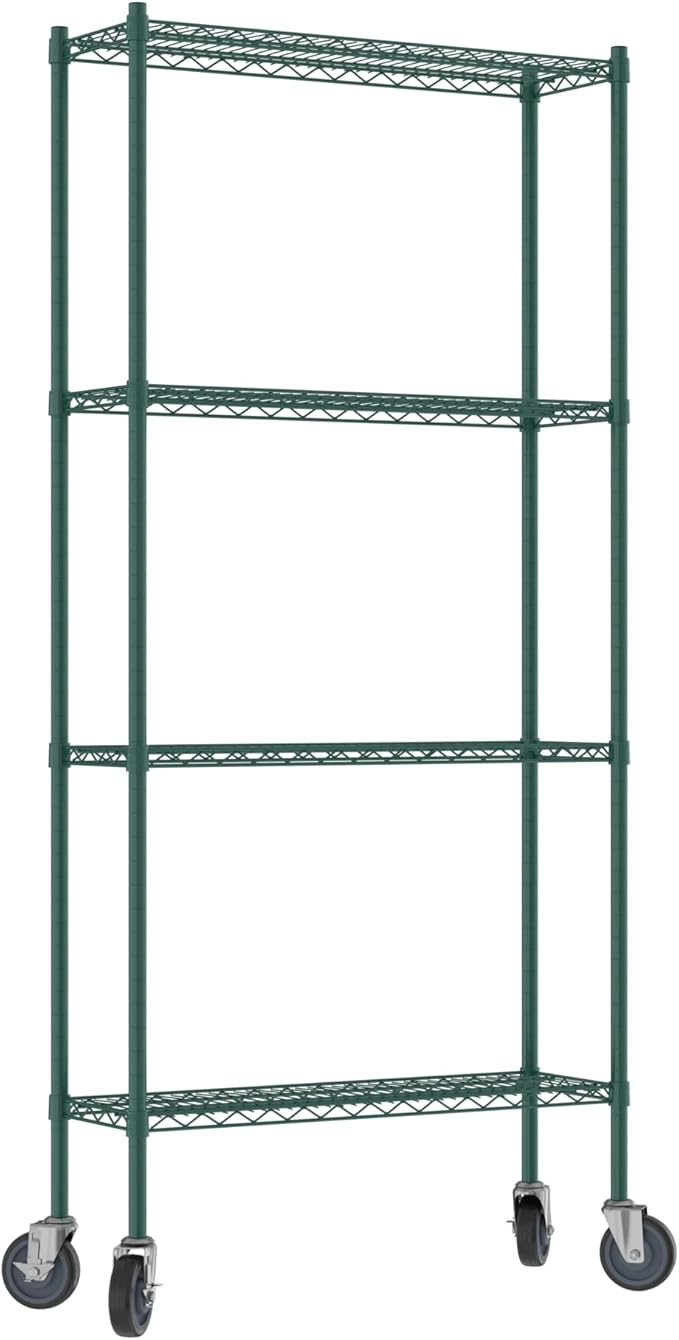 Commercial NSF Listed Green Epoxy Mobile Wire Shelving Kit 12" x 36" x 80", with 4 Shelves Perfect for Warehouse, Walk-in Refrigerator, Freezer, Grocery Store, Restaurant, Dishroom