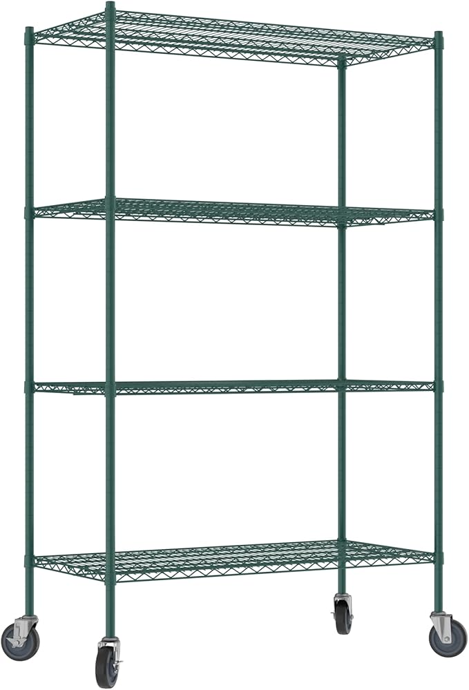 Commercial NSF Listed Green Epoxy Mobile Wire Shelving Kit 24" x 48" x 80", with 4 Shelves Perfect for Warehouse, Walk-in Refrigerator, Freezer, Grocery Store, Restaurant, Dishroom