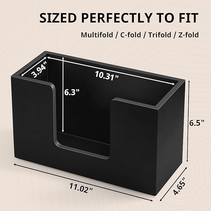 Paper Towel Dispenser Countertop, Wood Folded Paper Hand Towel Holder for Guest Bathroom, Commercial Tabletop Tissue Dispenser Tray for Multifold C-Fold, Z-Fold, Trifold, Black, 10.31x3.94x6.3 Inches