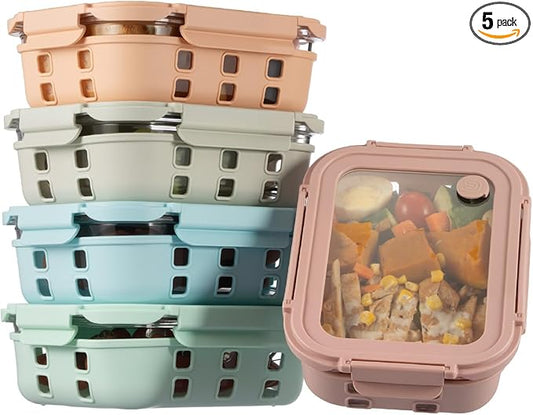 GENICOOK 4.4 Cup Glass Food Storage Containers, 5-Pack – Airtight Meal Prep Containers with Non-Slip Sleeve & Tempered Glass Lids, BPA-Free, Leakproof, Stackable