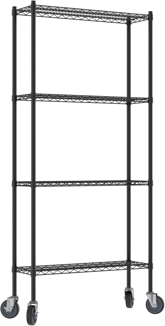 Commercial NSF Listed Black Epoxy Mobile Wire Shelving Kit 12" x 36" x 80", with 4 Shelves Perfect for Warehouse, Walk-in Refrigerator, Freezer, Grocery Store, Restaurant, Dishroom