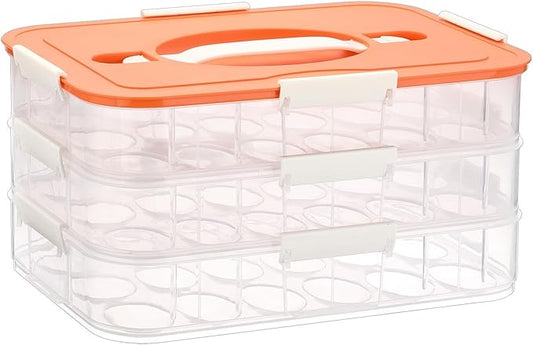 BTSKY Deviled Egg Platter with Lid, 3-Layer 54 Slots Deviled Eggs Carrier, Clear Portable Egg Holder for Fridge Reusable Deviled Eggs Tray Carton Box for Easter and Party Favor (3-Layer, Orange)