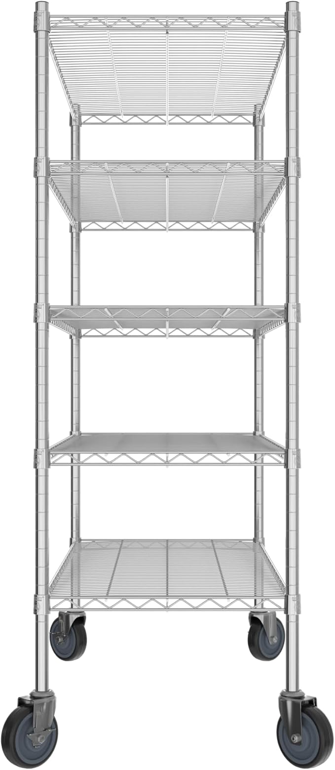 Commercial NSF Listed Chrome Mobile Wire Shelving Kit 21" x 42" x 60", with 5 Shelves Perfect for Warehouse, Walk-in Refrigerator, Freezer, Grocery Store, Restaurant, Dishroom