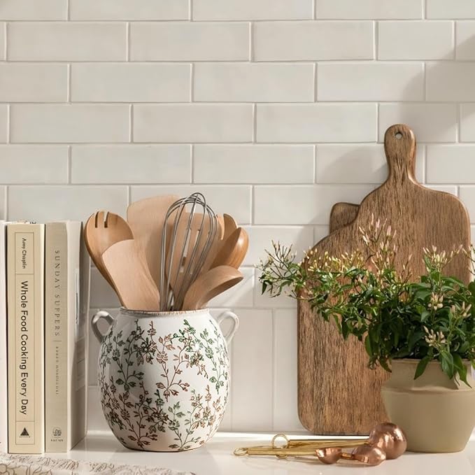 JIEMEI HOME Kitchen Utensil Holder with Handle, 6.69" Stable Pastoral Floral Ceramic Utensil Crock for Countertop, Utensil Organizer with Cork Bottom, Spatula Holder For Kitchen Decor, Green and Beige
