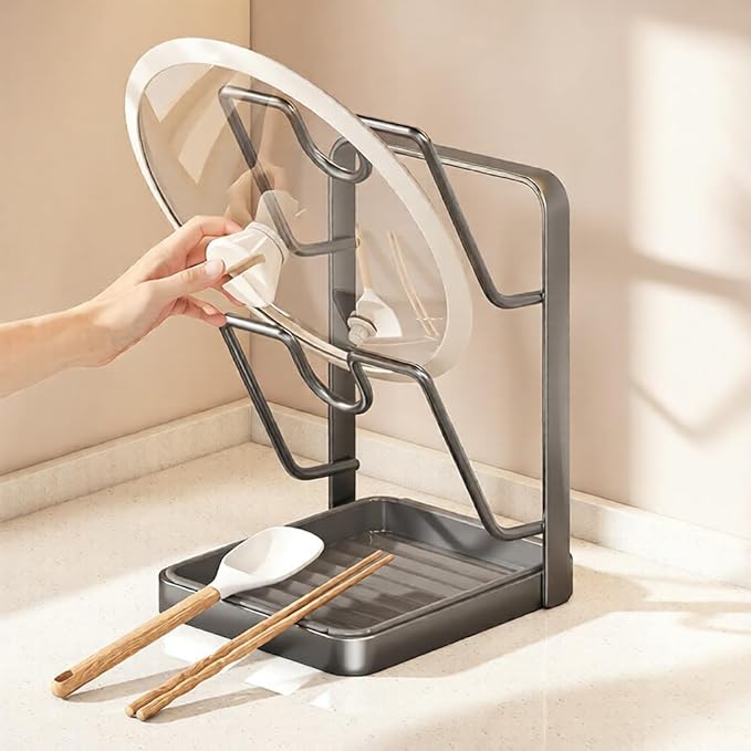 Kitchen Pot Lid Storage Rack, Pot Lid Organizer with Removable Drip Tray & U-Shaped Holder - Space-Saving Countertop & Stove Top Organizer, Perfect for Home Chefs