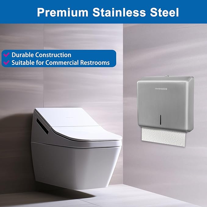 Commercial Paper Towel Dispenser Wall Mount, Brushed Stainless Steel Paper Towel Holder for Bathroom, Large Capacity 250 C-fold/Tri-fold/Multifold