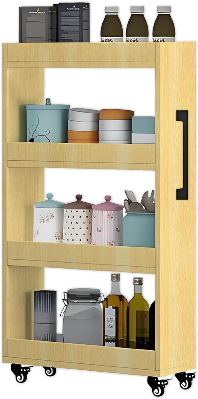 7-Tier Slim Rolling Storage Cart, Wooden Narrow Pantry Cabinet with Wheels, Tall Space-Saving Shelf Organizer for Kitchen, Laundry, Bathroom (Natural Wood Color, 47.2" H*5.9" W*23.6" D)