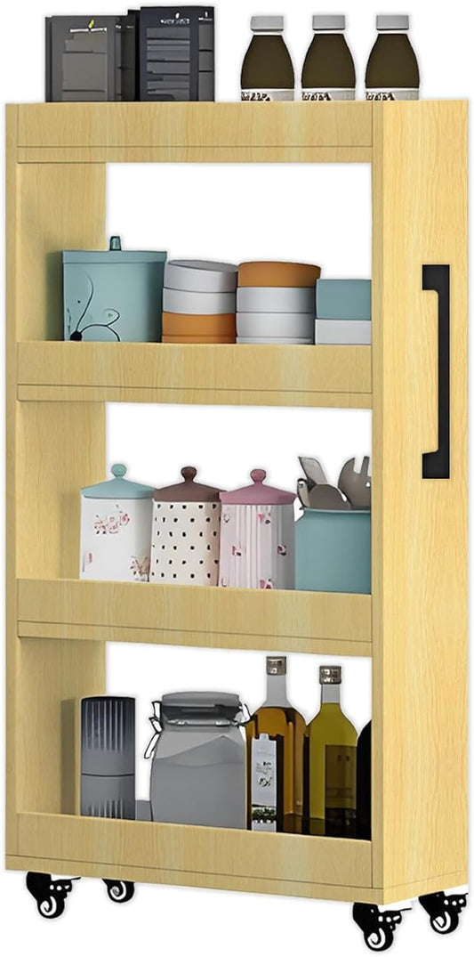 7-Tier Slim Rolling Storage Cart, Wooden Narrow Pantry Cabinet with Wheels, Tall Space-Saving Shelf Organizer for Kitchen, Laundry, Bathroom (Natural Wood Color, 47.2" H*5.9" W*19.6" D)