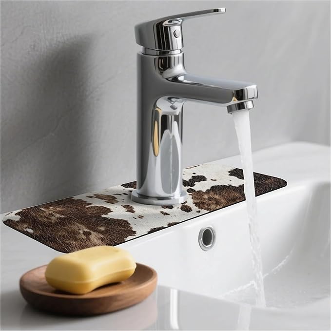 Kitchen Sink Splash Guard，Animal cow skin texture Faucet Mat Sink Gadgets-Super Absorbent Fast Drying Mat Drip Catcher for Kitchen, Bathroom,Sink Mat, Dish Drying Mat, Bathroom(15" X 5.5" )