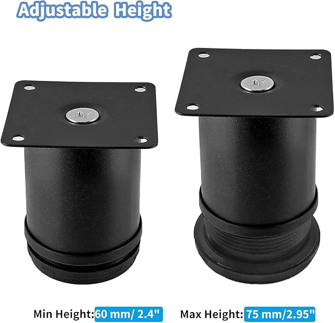 Set of 4 Stainless Steel Furniture Legs 2.4 Inch, Adjustable Round Cabinet Legs 2" Dia Kitchen Feet, Metal Replacement Legs for Cabinet Sofa Couch Shelves Table (Black)