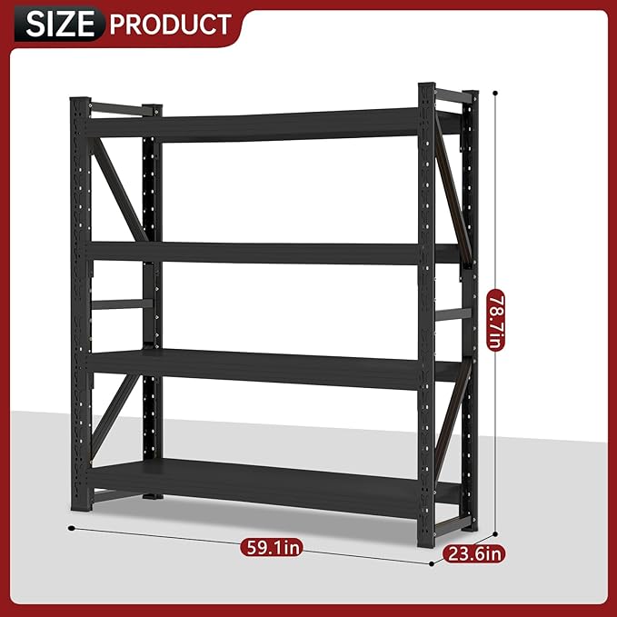 60" W Storage Shelves, 4 Tier Metal Garage Shelving Units, 5000LBS Heavy Duty Adjustable Shelf, Garage Storage Rack, Industrial Shelving for Shop, Warehouse,60" W x 24" D x 79" H